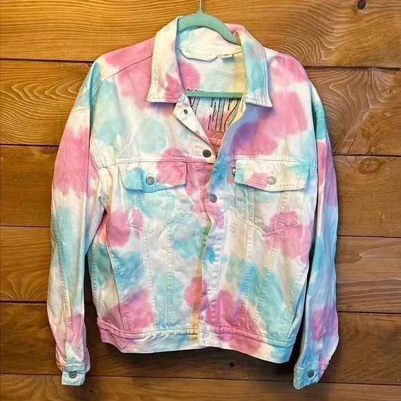 Levi's Tie Dye Denim Trucker Jacket Pink Blue White Cotton Rainbow Tab SmUnisex - Picture 1 of 10